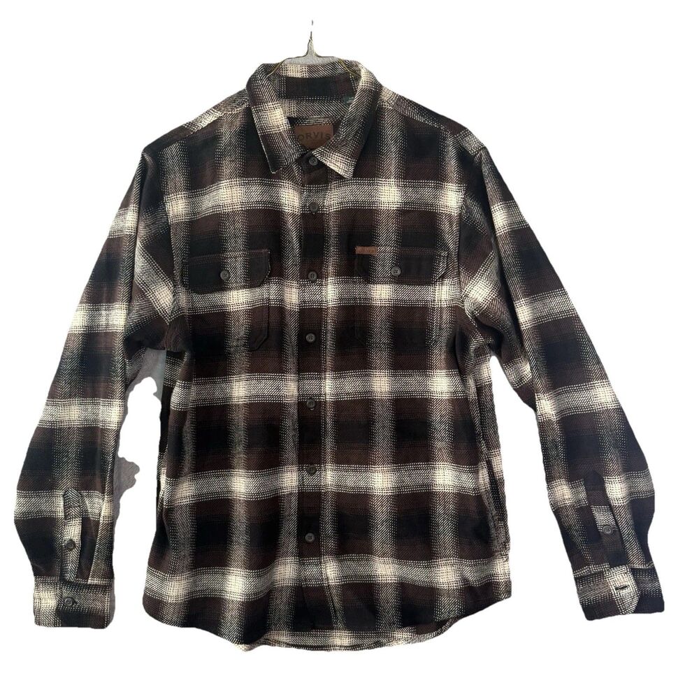 Orvis Flannel Shirt Men's Large Brown Plaid Button Down Heavyweight Shacket